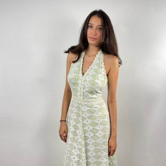 1970's Mesh Halter Maxi Dress / Small White vinta… - image 1