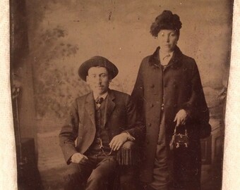 Antique Vintage Black & White Tintype Photo Couple Portrait Figure