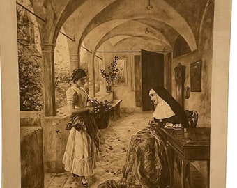 Grabado religioso antiguo sin marco Sisterly Councel Nun Convent Taber Prang Vintage