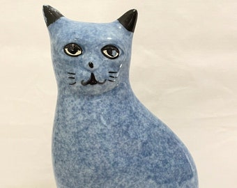 Vintage 9" Cute Blue Kitty Cat Figurine Ceramic Statue Kitten Taiwan