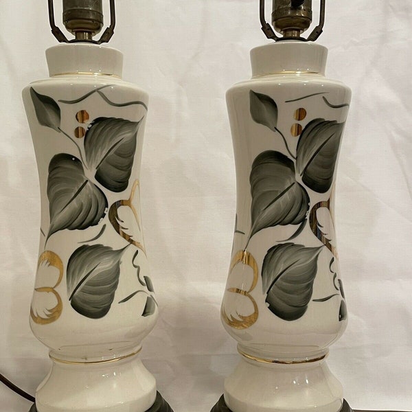 Pair Porcelain Berger 3-way Table Lamps White / Green Leaf / Gold Heart Vintage