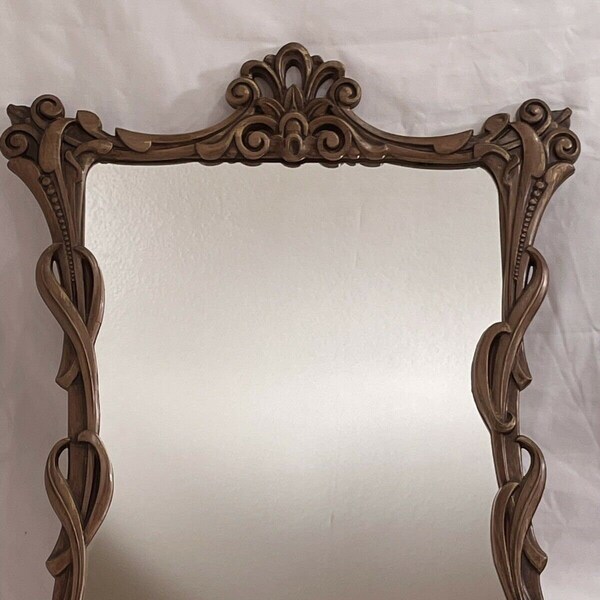 1971 Retro Brown Wall Mirror Ornate Plastic 23.5 x 18" Vintage USA