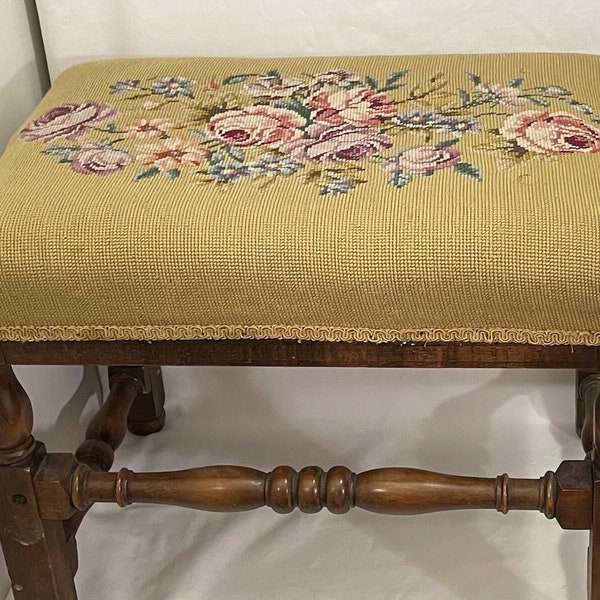 Retro Needlepoint Mid Century Wooden Foot Stool Ottoman Vintage Pink Floral Rose