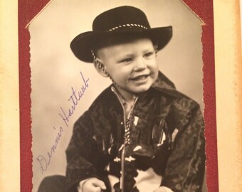 Unique Vintage Black & White Cabinet Photo Child Portrait Baby Boy Cowboy Outfit Hat