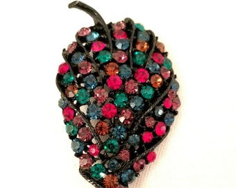 Vintage Filigree Leaf Multi-Color Rhinestones Brooch 2.5x1.5"