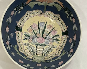 Vintage Handpainted Chinese Ceramic Decorative Bowl Floral Design China Blue Pink Flower