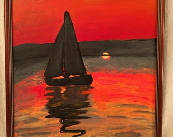 Vintage / Retro Framed Signed Oil Painting Sailboat Seascape Sunset