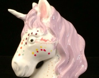 6.5" Pink & Purple Ceramic Polka Dot Unicorn Figurine Statue Bank