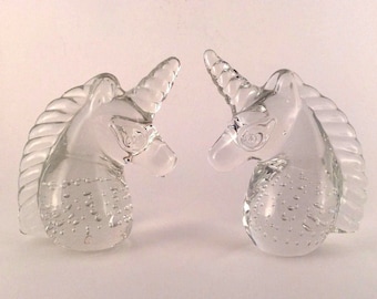 Pair 2 Unicorn Paperweights Vintage Clear Bubbled Glass Unicorns Figurine Taiwan