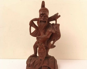 Vintage Hand Carved Wood Chinese Immortal Fisherman w/ Fish 13"