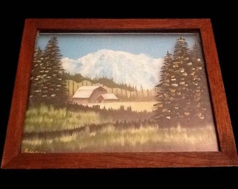 Small Retro Wood Framed Signed Anderson '84 Reverse Glass Painting Barn Landscape 11.25x9.25" Vintage Mountain Meadow