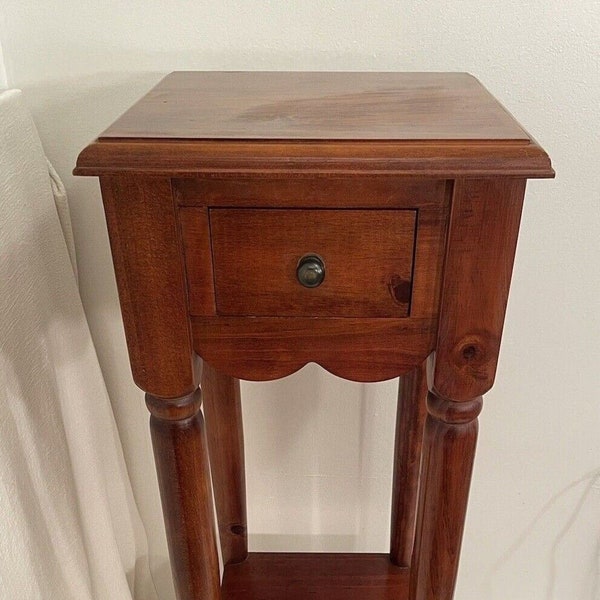 Large Retro 31" Wood Plant Stand w/ Drawer Vintage Handcrafted