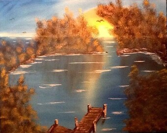 Original Seascape Oil Painting Signed KDS Retro Lake Dock Peninsula Vintage Sunset