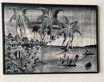 Gran firmado enmarcado en blanco y negro Paisaje marino pintura de pesca palmera tropical