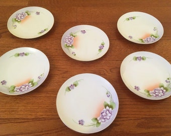 Set 6 Vtg HP 6.5 "Placas de postre Violetas púrpuras y oro Trim Meito China Japón