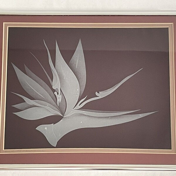 Framed Signed Sandblasted Etched Glass Bird of Paradise Floral Hawaii