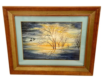 Framed Watercolor Painting Signed Duck Sunrise Sunset Lake Pond Trees Blue Matte