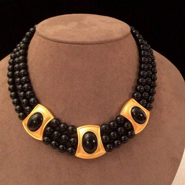Vintage Gold & Black tone 3 Strand Beaded Necklace 17"