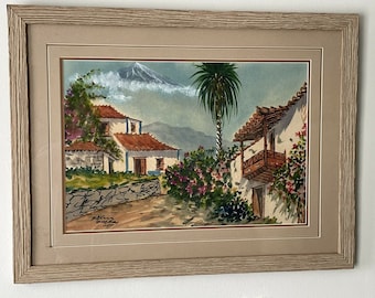 Framed Watercolor Painting Signed Cityscape Street Scene Mountain Landscape
