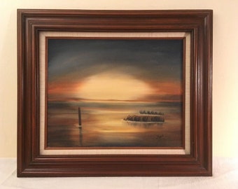 Vintage Sunrise Over the Lake Oil on Canvas Painting w/ Wood Frame Signed