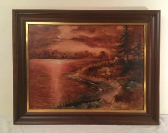 Vintage Moonlight Camping Lake Landscape Painting o/c Signed Framed