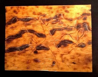 Original Signed Wood Carving Burned "Bare Willow on the Mountain" 23.5x18"