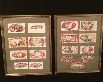 Pair of 2 Framed Antique Victorian Calling Cards Roses Hands Dove Ship Die Cut