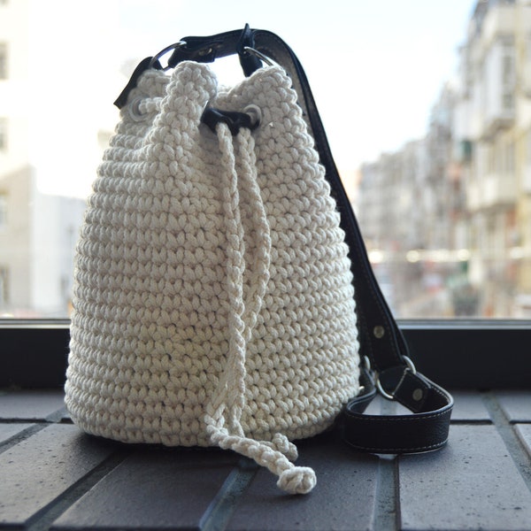 White crochet bag Basket bag Bucket bag Summer cotton bag Women white accessory Shoulder bag purse Leather dark brown handbag Gift for women