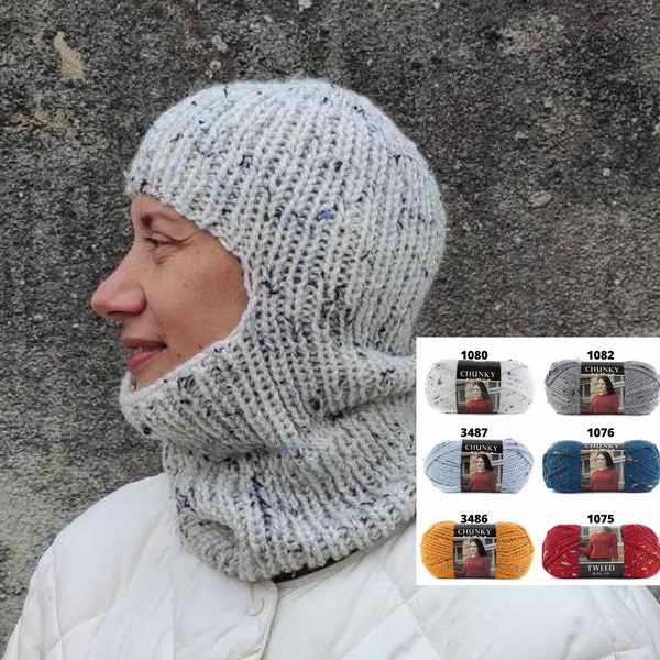 Knit white balaclava, Chunky women balaclava tweed hat, Warm helmet, Knit face mask, Knitted hood, Ski mask, Winter wool accessory