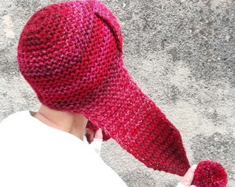 Bonnet en tricot rouge avec oreilles et pompons, Bonnet en grosse maille, Bonnet à cache-oreilles, Bonnet chaud d'hiver pour femme, Grand chapeau rouge foncé, Accessoire tricoté à la main
