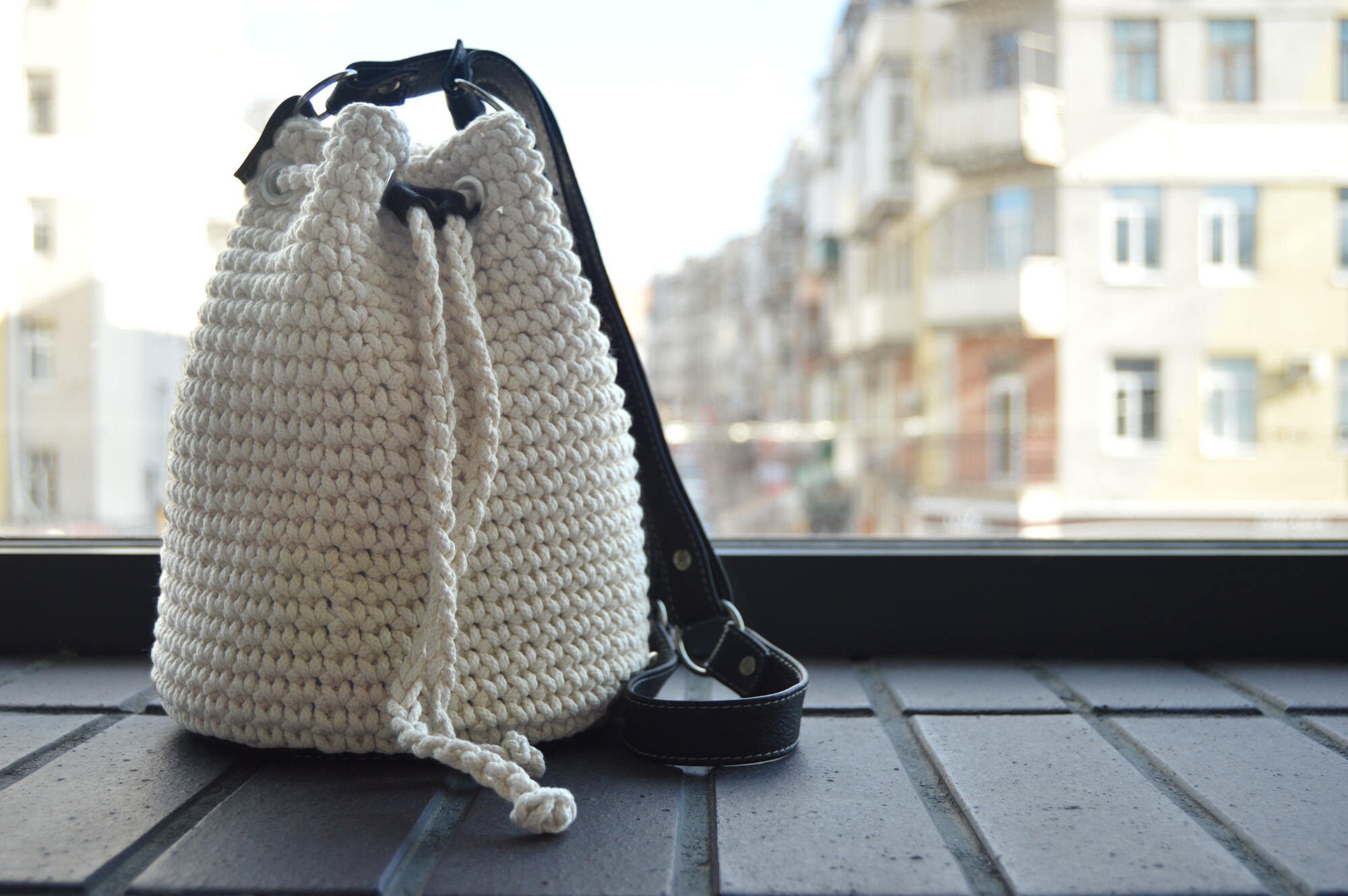 white crochet bag