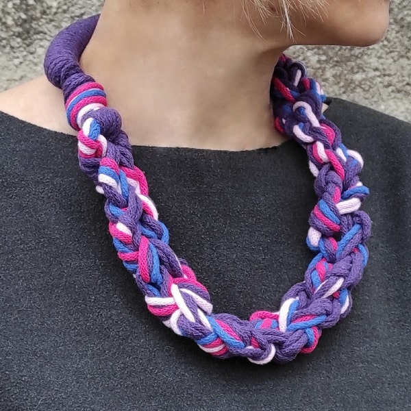 Purple pink bold necklace, Rope knot necklace, Statement textile jewel, Cotton necklace, Chunky unusual jewelry, Fashion gift for women