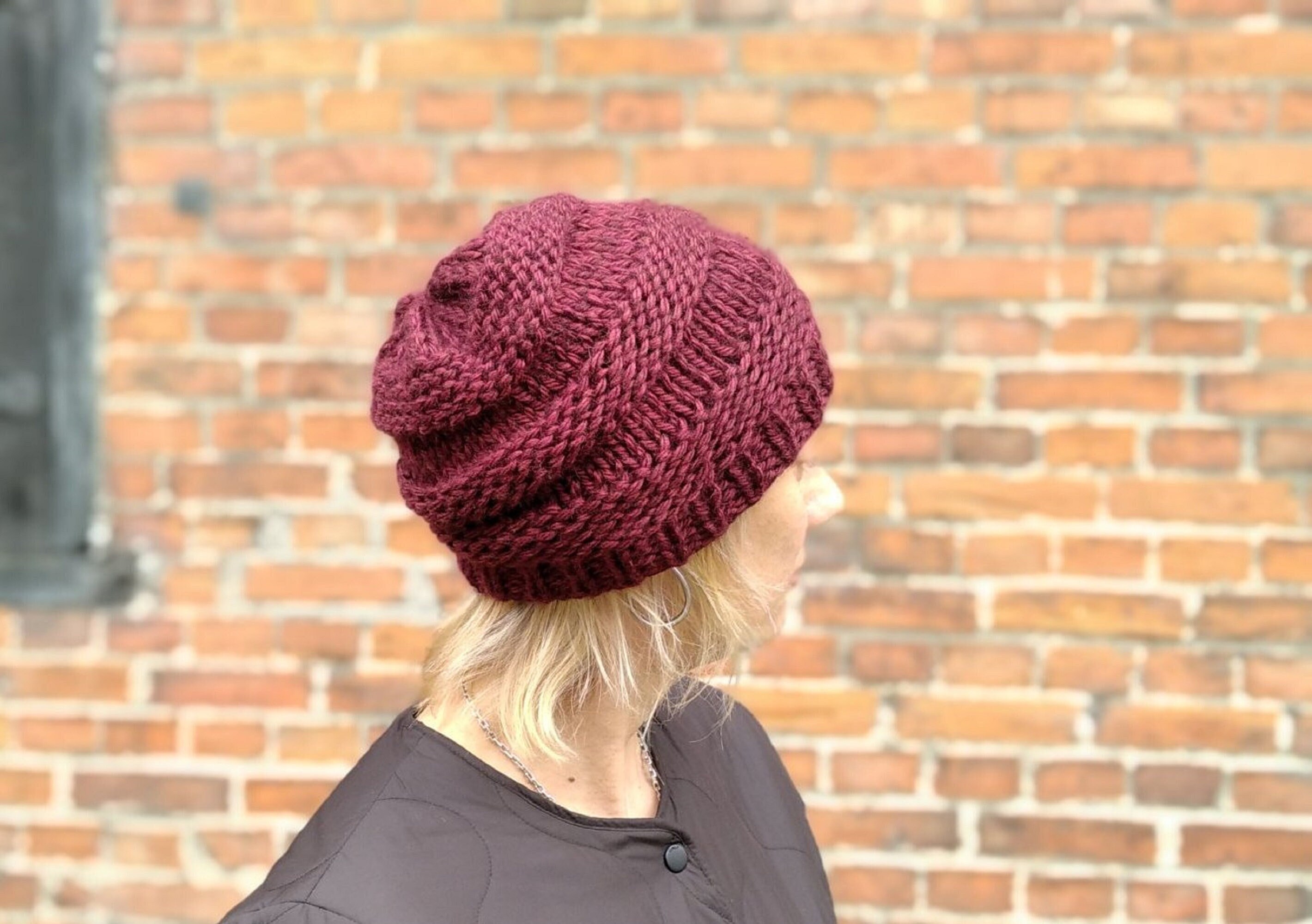 Chunky Knit Slouch Beanie Red Hand 