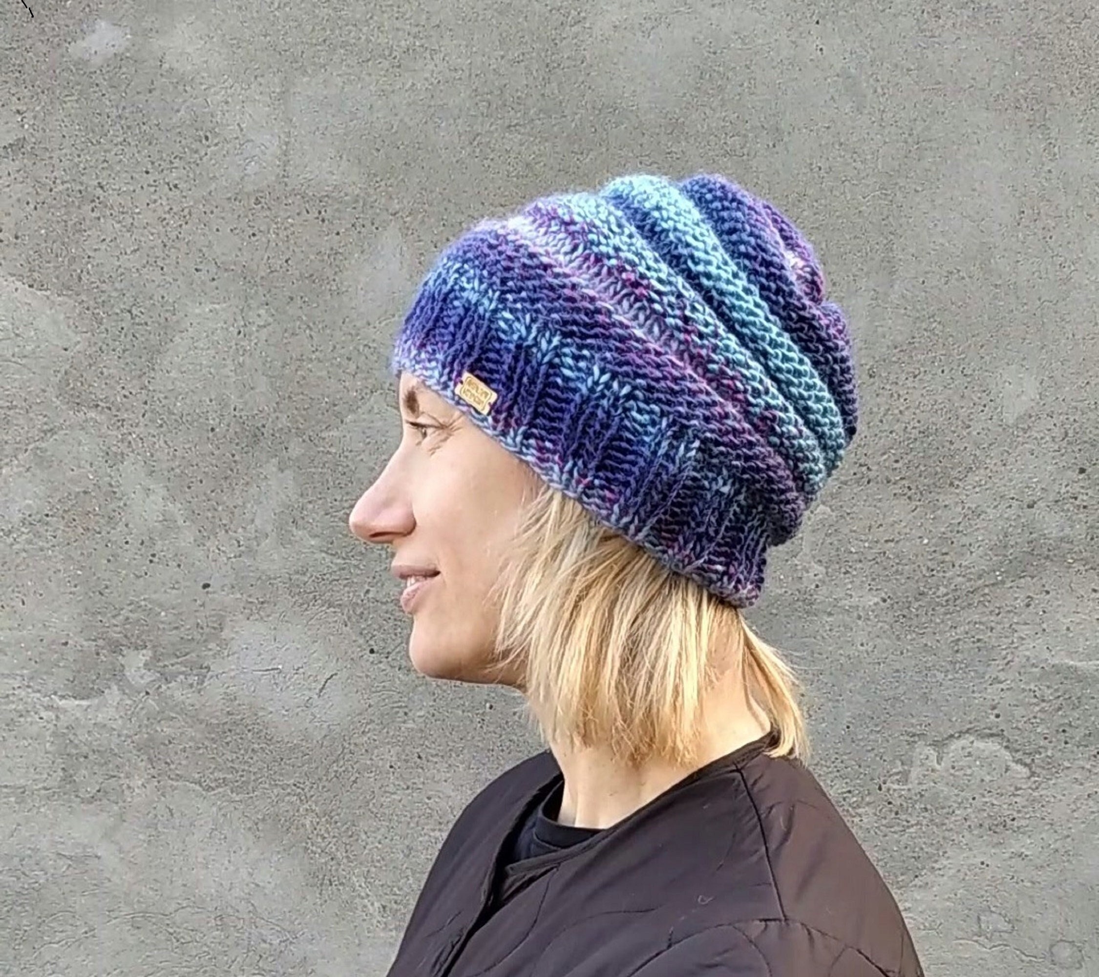 Gray Blue Striped Slouchy Beanie Hat Cute Hand Knit Fall Winter Hat One Size Grey Blue Stripe Hat Fall Winter Accessories Gift Idea