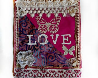 Handmade LOVE Spirit Flag Panel Mixed Media Prayer Flag Fuchsia Fabric with Lace and Flowers