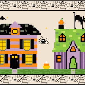 Halloween Village Cross Stitch Pattern 7x5