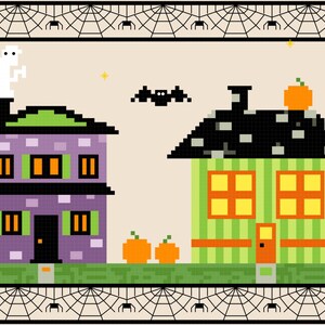 Halloween Village Cross Stitch Pattern 7x5