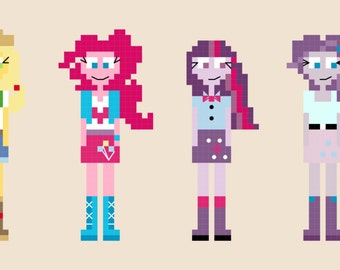 Op de afbeelding: Pixelafbeelding van zes stripfiguren, elk met unieke kapsels en outfits. De personages zijn in verschillende kleuren, waaronder roze, paars, blauw en geel. Ze staan tegen een lichtbeige achtergrond.