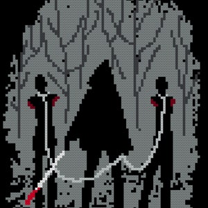 May include: Two black silhouettes of people standing in a dark forest with a white rope connecting them. The rope is tied to a red object on the ground.