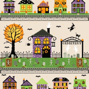 Halloween Village Cross Stitch Pattern 16x20