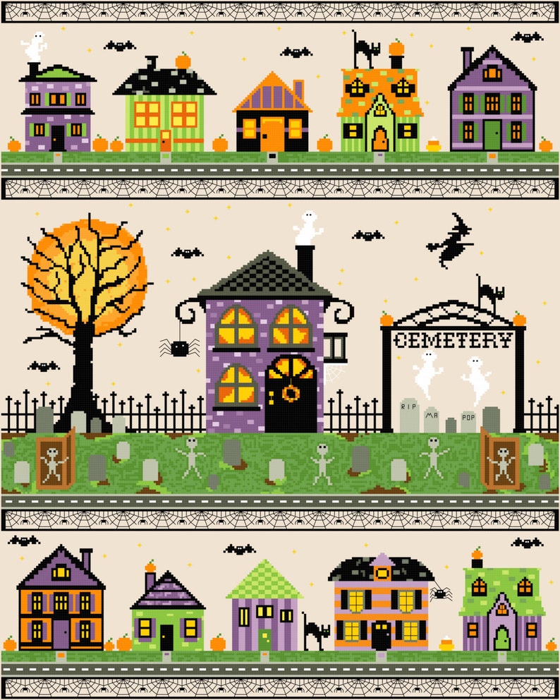 Halloween Village Cross Stitch Pattern 16x20 image 1