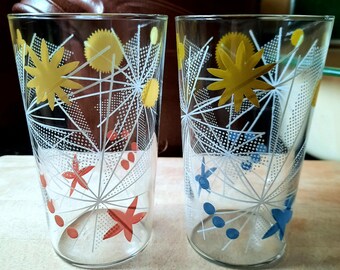 Pair of Vintage Atomic Style Starburst Glass Tumblers Mid Century Barware