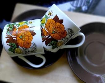Pair of Vintage St. Michael Marks & Spencer Coffee Cups and Saucers Poppies Pattern Circa 1970s