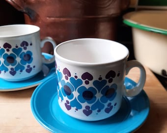 Pair of Staffordshire Potteries Retro Cups and Saucers Turquoise and Purple 1970s Flower Power