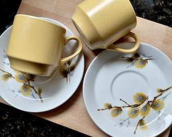 Pair of Vintage Midwinter Pussy Willow Coffee Cups and Saucers Circa 1960s