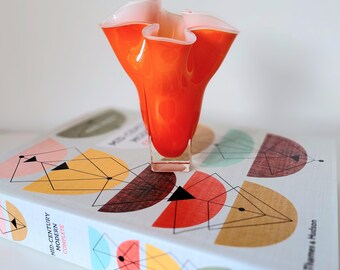 Mid Century Japanese Orange Cased Glass Vase Handkerchief Style