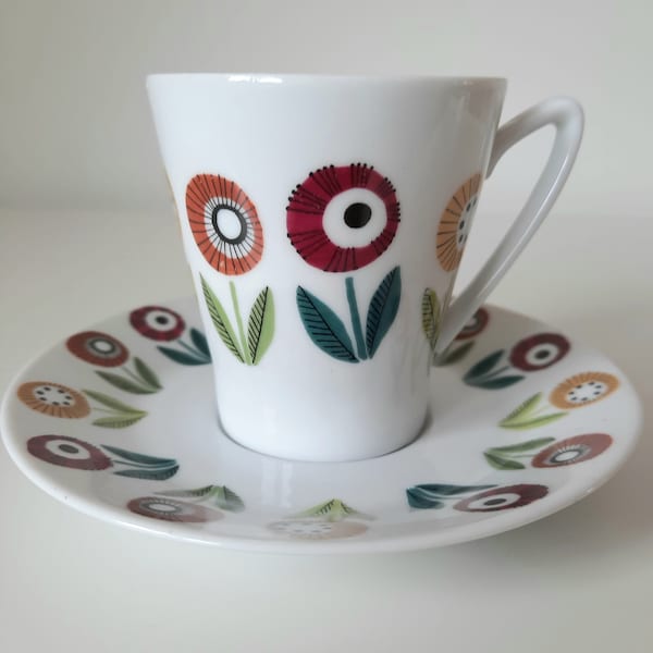 Mid Century Upsala Ekeby Karlskrona Coffee Cup and Saucer Bellis Design by Eva Bladh Made in Sweden