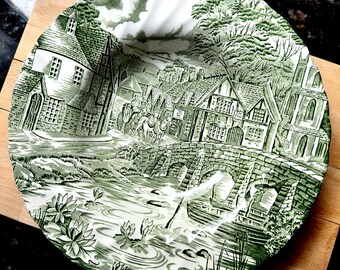 Vintage Alfred Meakin The Post House Large Soup Plate Green Transferware with Traditional English Coaching Scene