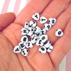100 Black and White Acrylic Plastic Heart Alphabet Beads, Resin Letter Kids Beading Supply Mix J3