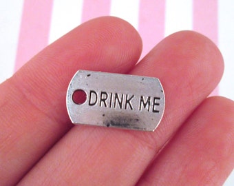 BULK 50 Drink me tag charms antique silver tone M95